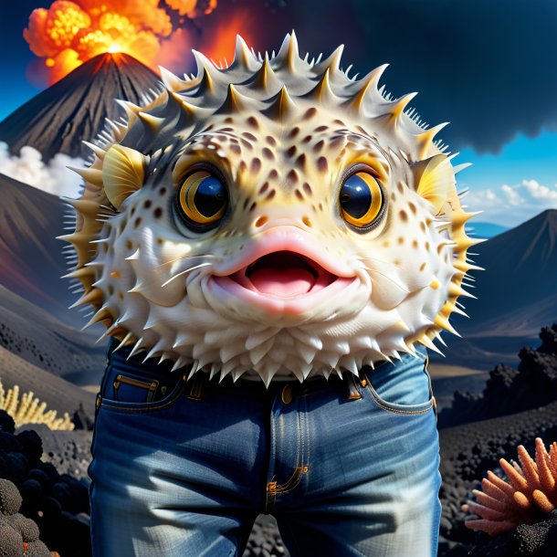 Photo of a pufferfish in a jeans in the volcano