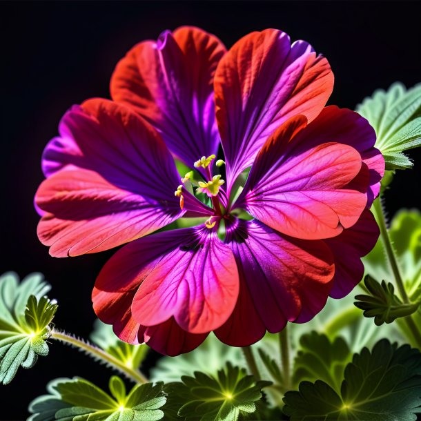 "imagery of a purple geranium, scarlet"