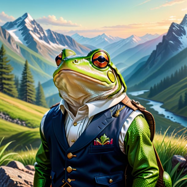 Drawing of a frog in a vest in the mountains