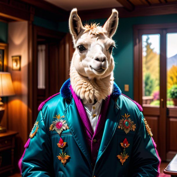 Photo of a llama in a jacket in the house