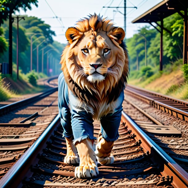 Pic of a lion in a jeans on the railway tracks