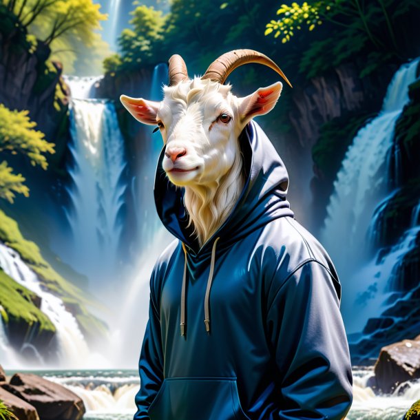 Foto de uma cabra em um hoodie na cachoeira