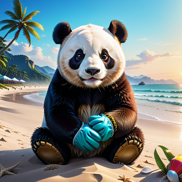 Illustration of a giant panda in a gloves on the beach