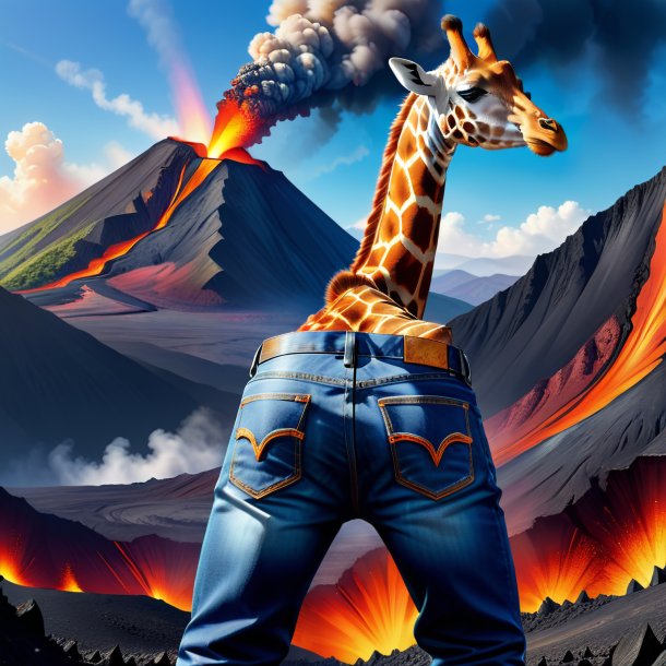 Illustration of a giraffe in a jeans in the volcano