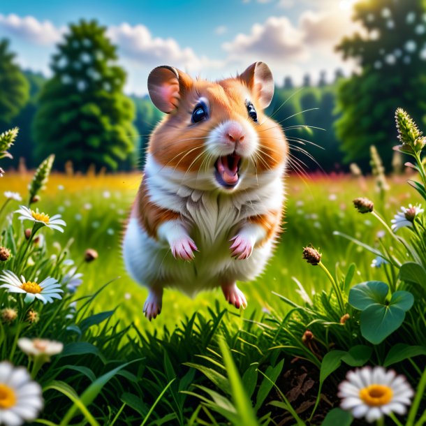 Photo of a jumping of a hamster in the meadow