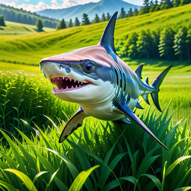 Photo of a hammerhead shark in a cap in the meadow