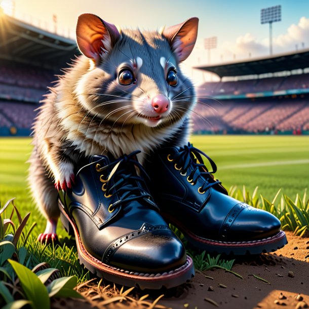 Image of a possum in a shoes on the field