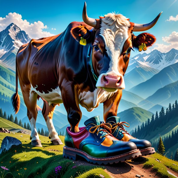 Photo of a cow in a shoes in the mountains