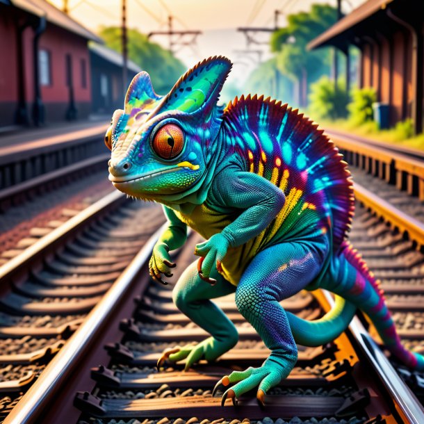 Photo of a dancing of a chameleon on the railway tracks