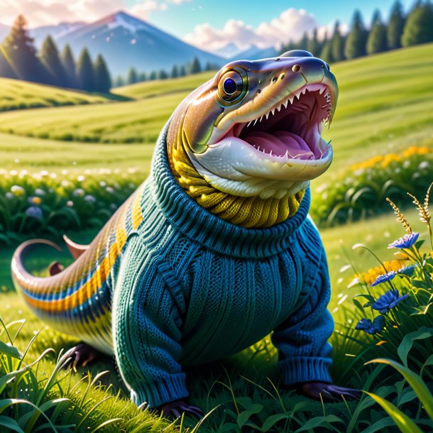 Picture of a eel in a sweater in the meadow