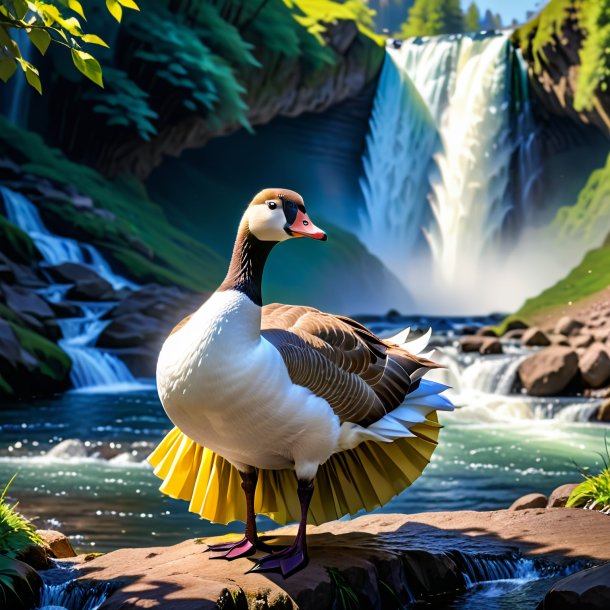 Pic of a goose in a skirt in the waterfall