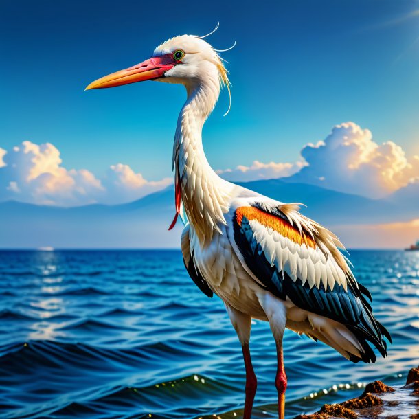 Image of a stork in a vest in the sea