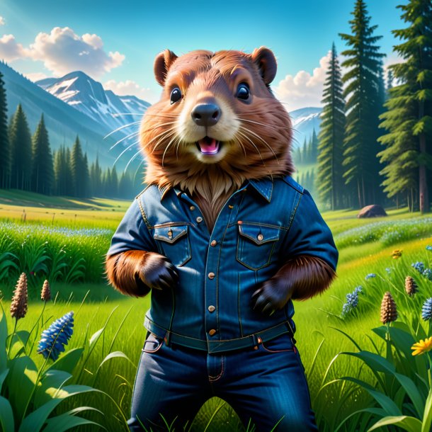 Photo of a beaver in a jeans in the meadow