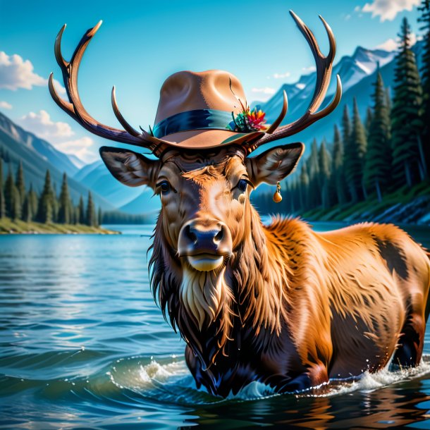 Pic of a elk in a hat in the water