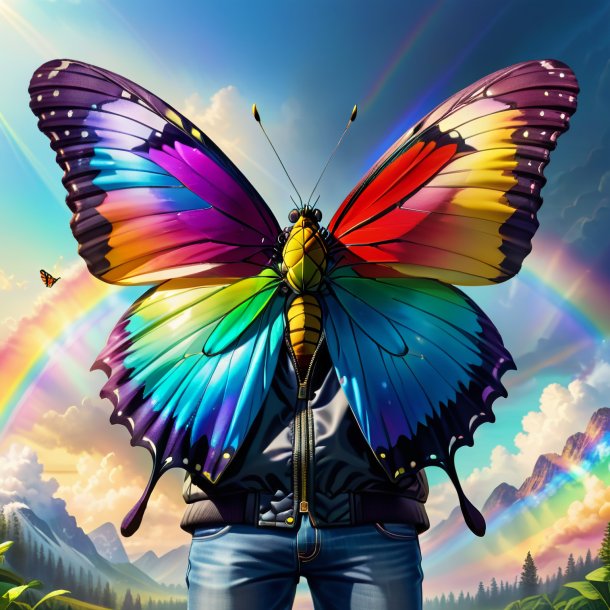 Illustration of a butterfly in a jacket on the rainbow