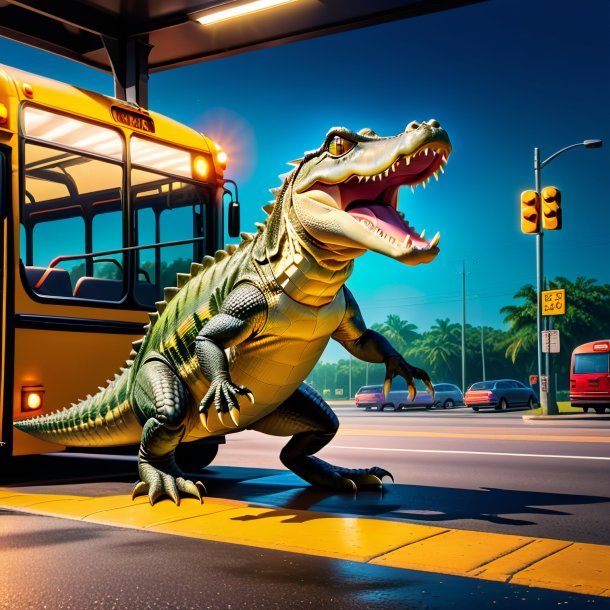 Image of a jumping of a alligator on the bus stop