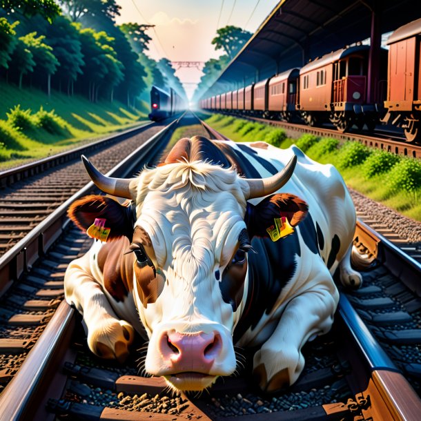 Image of a sleeping of a cow on the railway tracks