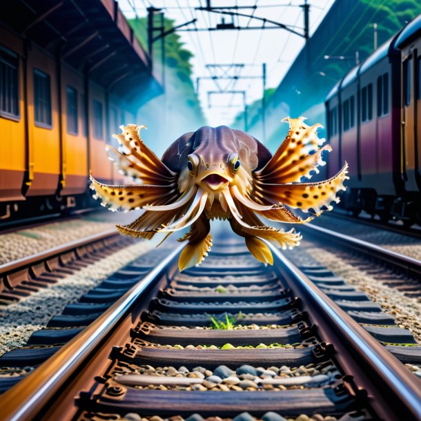 Imagen de un salto de una sepia sobre las vías del ferrocarril