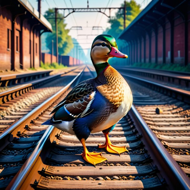 Retrato de um pato em um jeans nos trilhos ferroviários