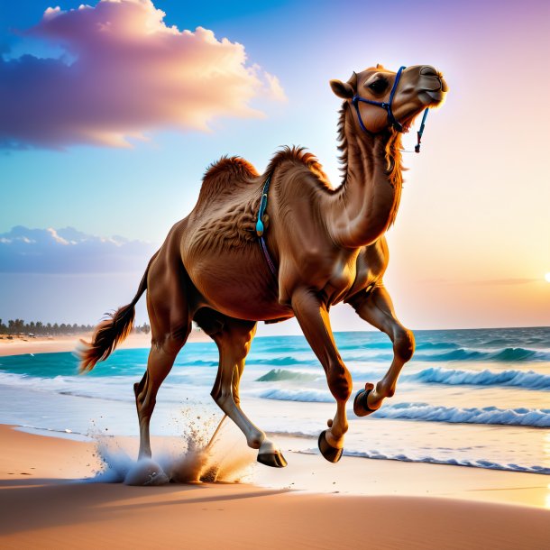 Photo of a jumping of a camel on the beach