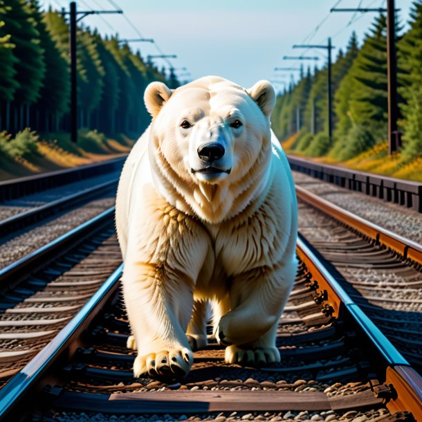 Image of a polar bear in a belt on the railway tracks