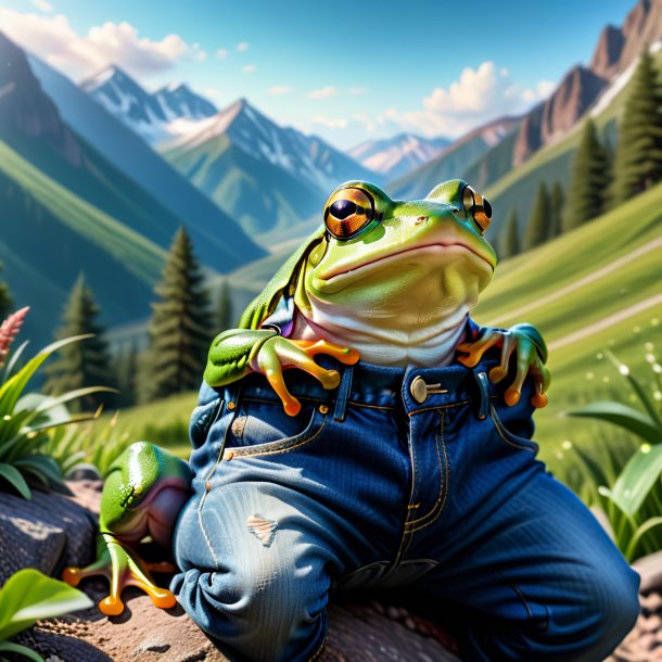 Image of a frog in a jeans in the mountains