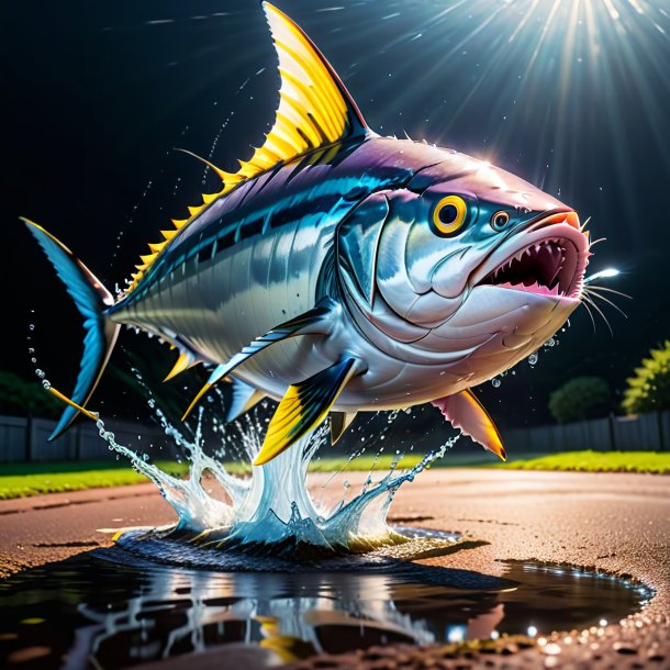 Image of a jumping of a tuna in the puddle