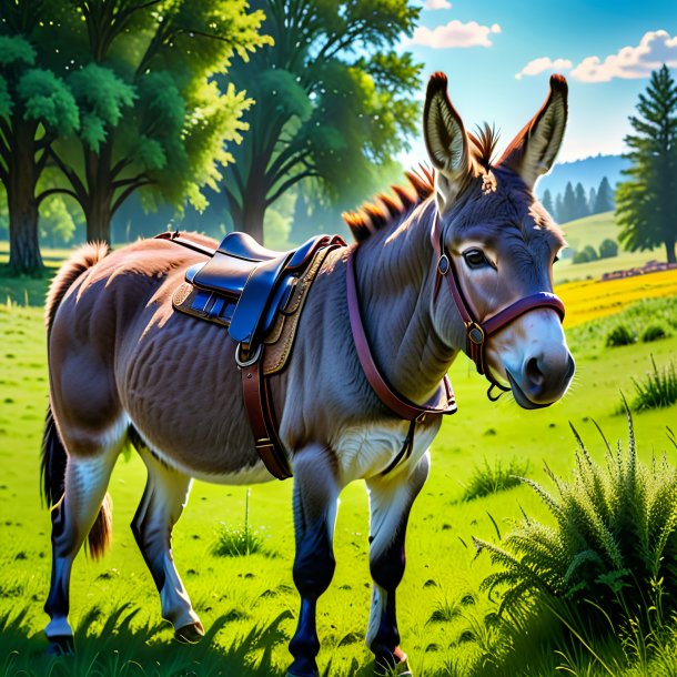 Image of a donkey in a belt in the meadow