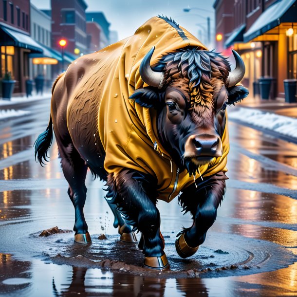 Image of a bison in a hoodie in the puddle