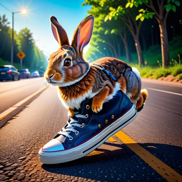 Foto de un conejo en un zapato en el camino