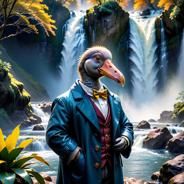 Pic of a dodo in a coat in the waterfall