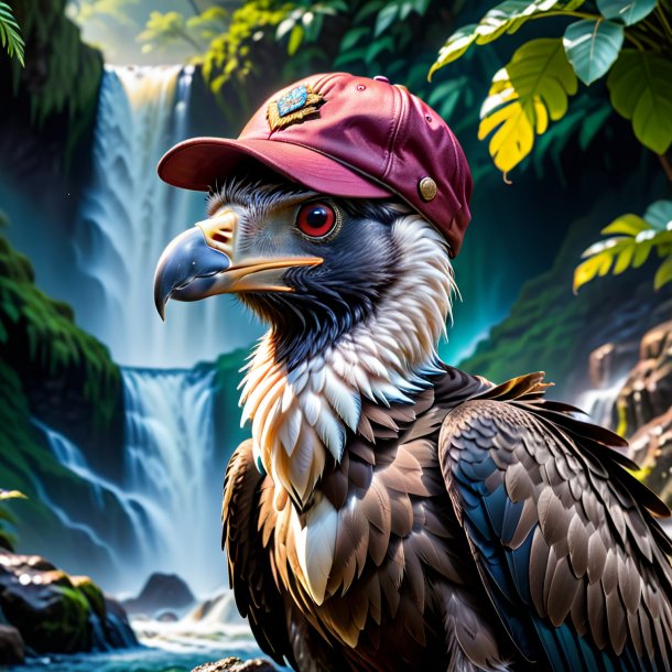 Photo of a vulture in a cap in the waterfall