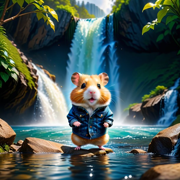 Picture of a hamster in a jeans in the waterfall