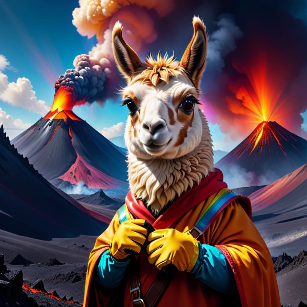 Illustration of a llama in a gloves in the volcano