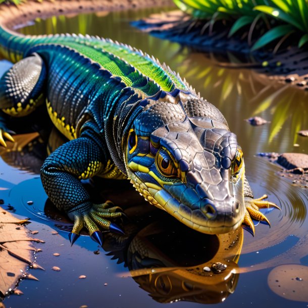 Image of a monitor lizard in a belt in the puddle