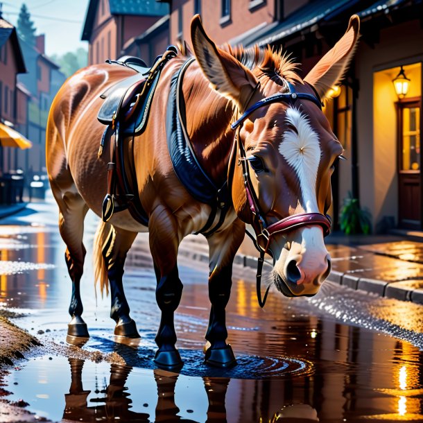 Picture of a mule in a gloves in the puddle