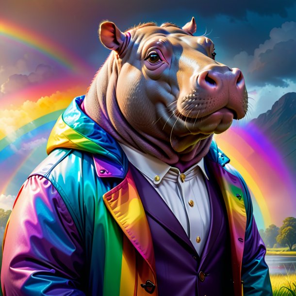 Drawing of a hippopotamus in a coat on the rainbow