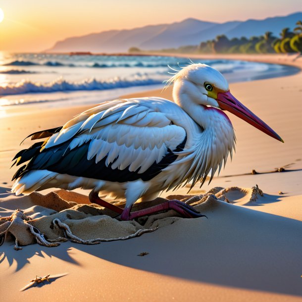 Image of a sleeping of a stork on the beach