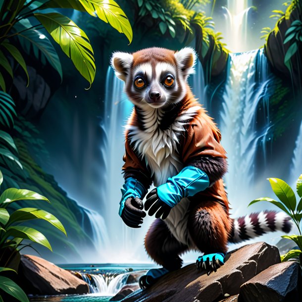 Illustration of a lemur in a gloves in the waterfall