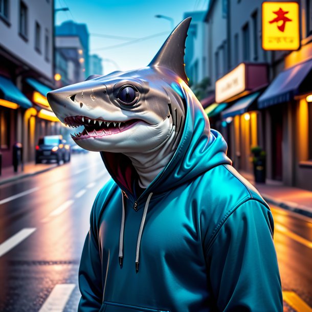 Photo of a hammerhead shark in a hoodie on the road