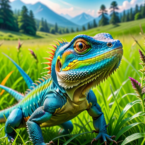 Foto de una amenaza de un lagarto en el prado