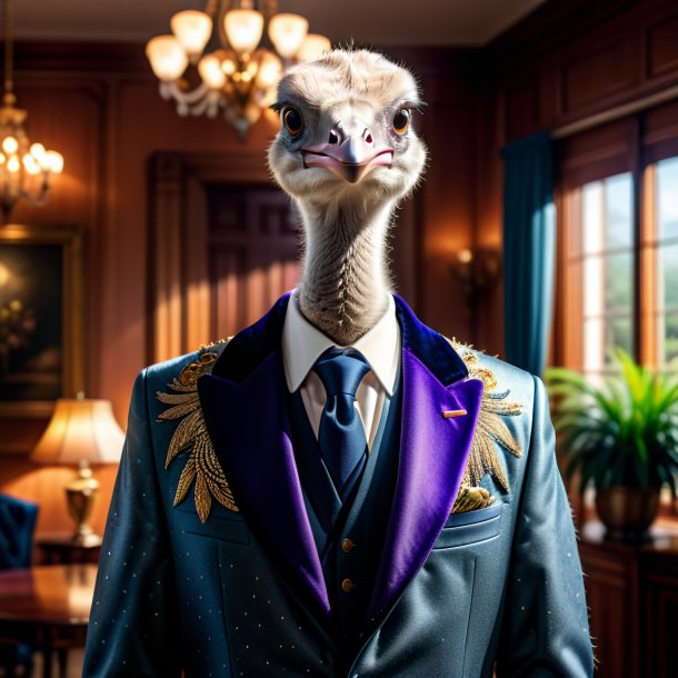 Photo of a ostrich in a jacket in the house