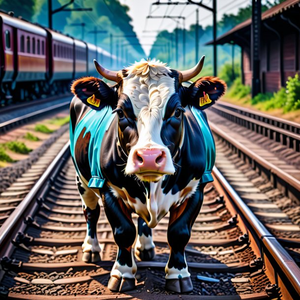 Image of a cow in a gloves on the railway tracks