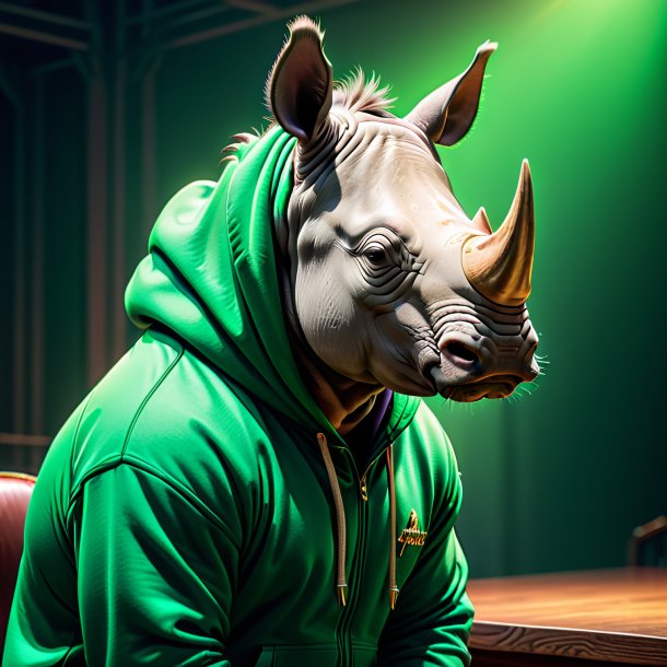 Pic of a rhinoceros in a green hoodie