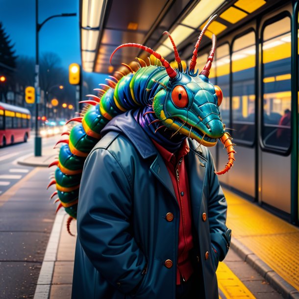 Image of a centipede in a coat on the bus stop