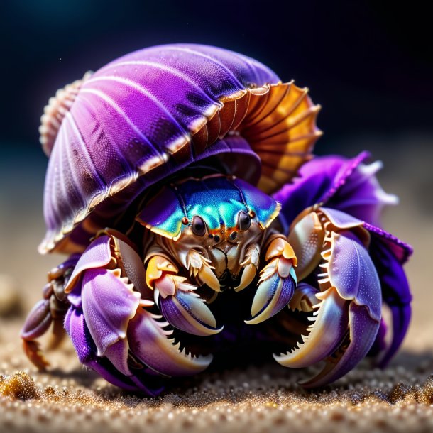 Photo of a hermit crab in a purple gloves