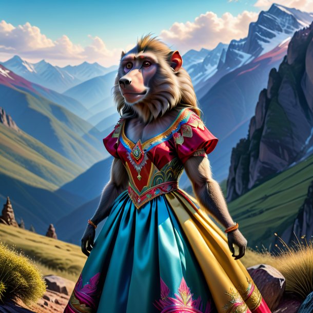 Drawing of a baboon in a dress in the mountains