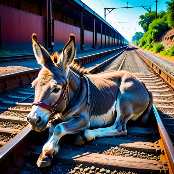 Image of a sleeping of a donkey on the railway tracks