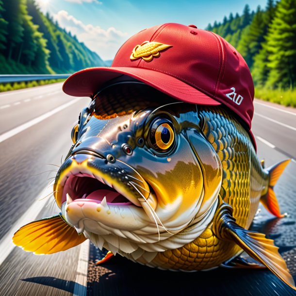 Image of a carp in a cap on the highway