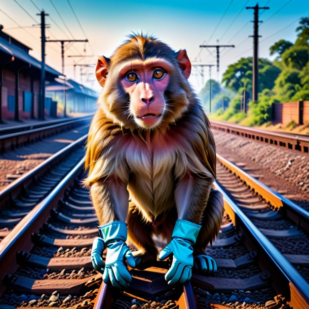 Photo of a baboon in a gloves on the railway tracks